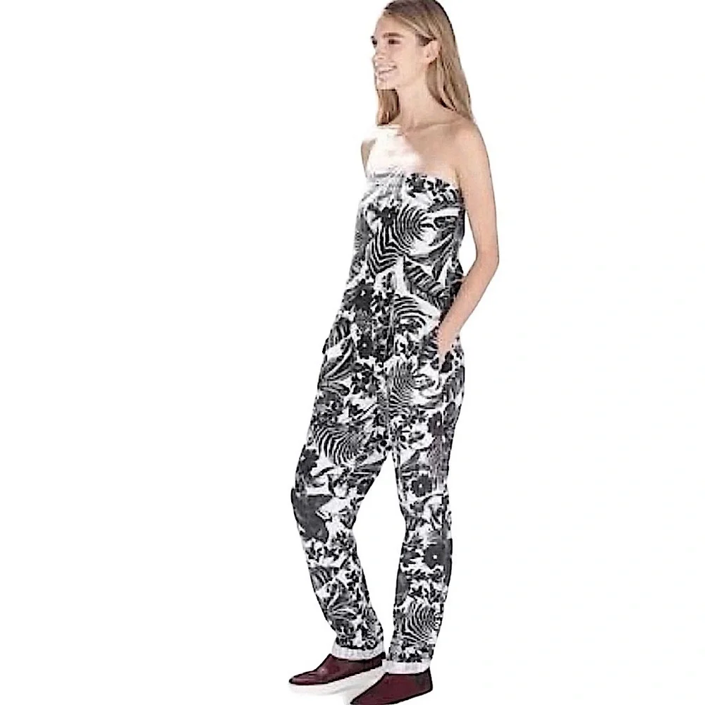 Zara Trafaluc Black & White Floral Linen Bandeau Strapless Jumpsuit Size Small
